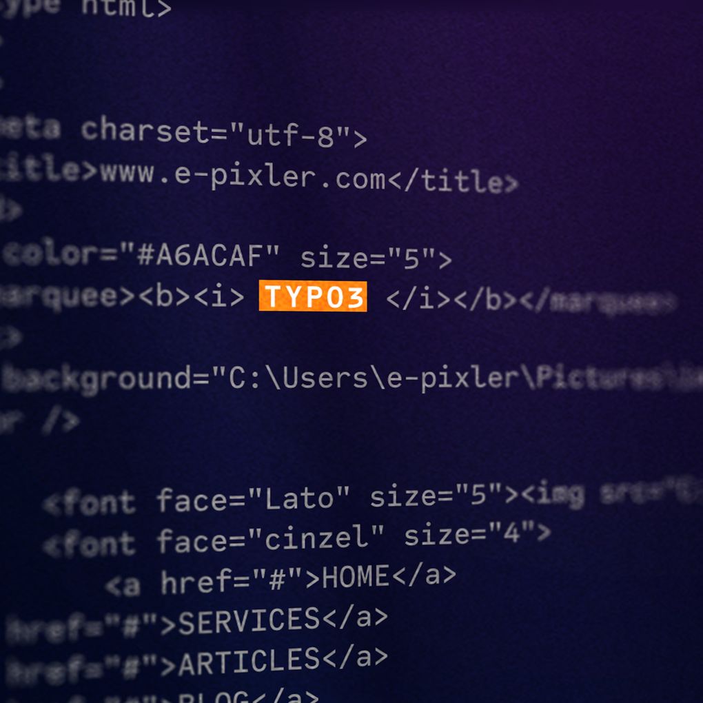 HTML Code mit dem Wort "TYPO3" markiert und farblich hervorgehoben