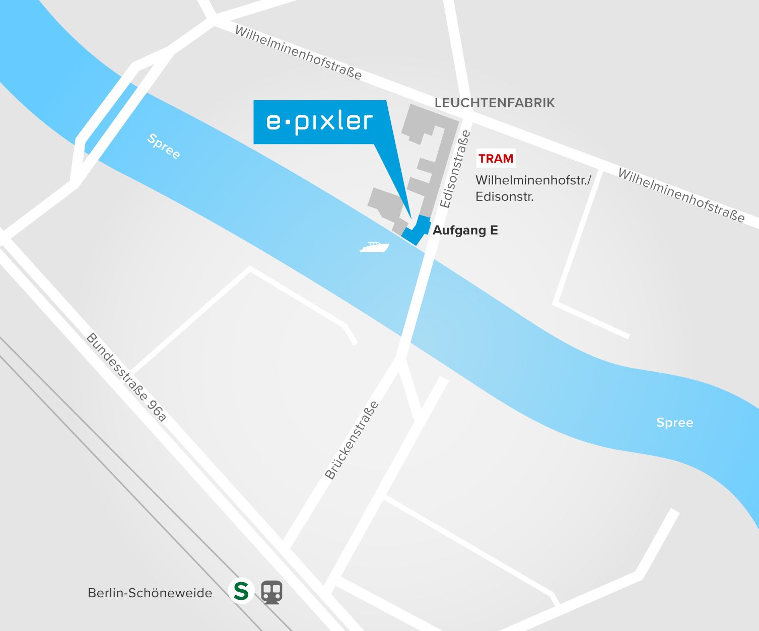 Anfahrtskarte zum Standort von e-pixler in der Edisonstrasse mit Markierung und Beschreibung.