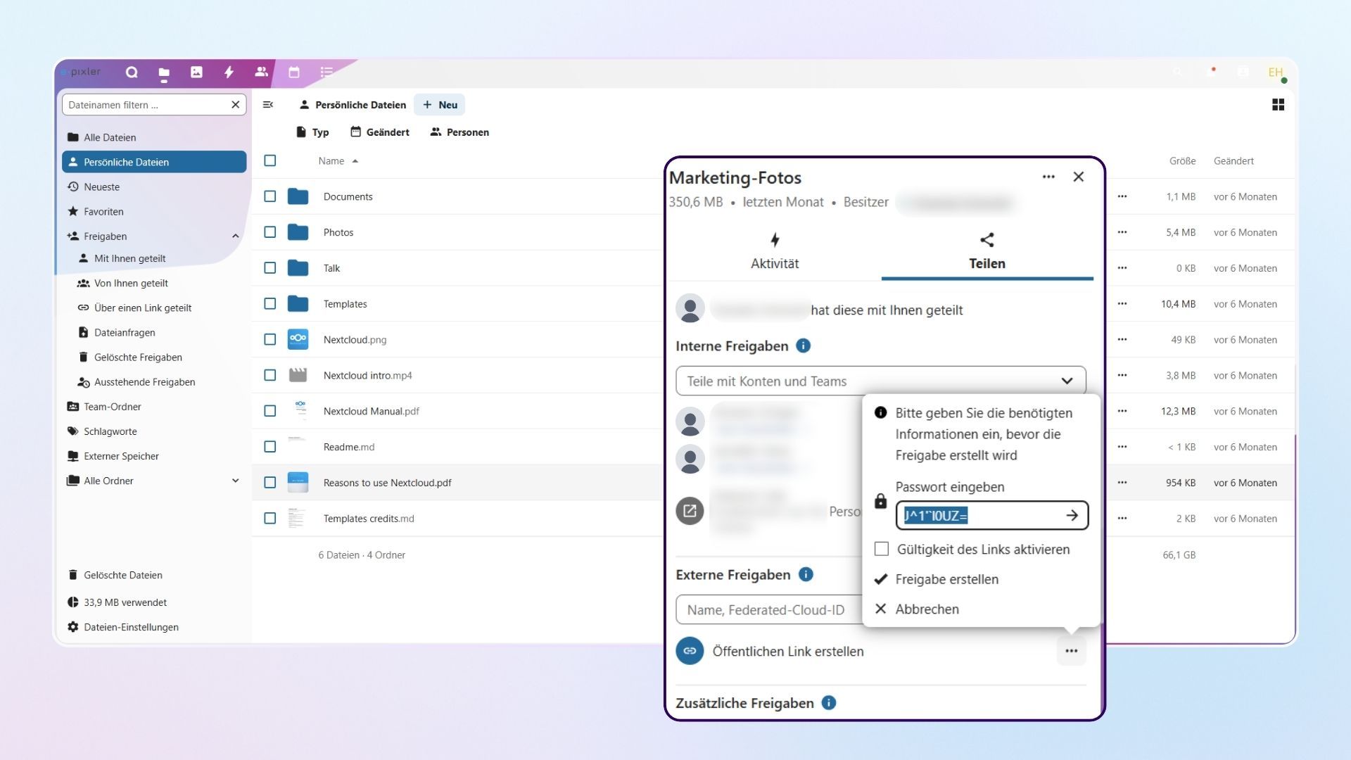 Die Nextcloud als Speicherplatz, gebranded in der Marke e-pixler