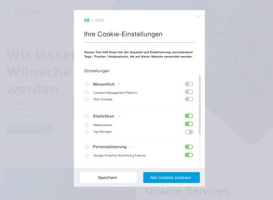Popup-Fenster für Cookie-Einstellungen auf einer Webseite mit Auswahlmöglichkeiten für ‚Erforderliche Cookies‘, ‚Analyse & Personalisierung‘ sowie ‚Marketing‘ und Schaltflächen für ‚Speichern‘ und ‚Alle Cookies akzeptieren‘.