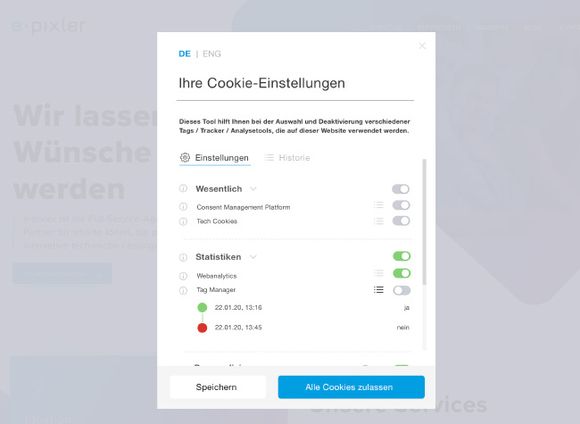 Cookie-Einstellungen mit Optionen für essenzielle, statistische und Marketing-Cookies. Der Nutzer kann individuelle Präferenzen auswählen.