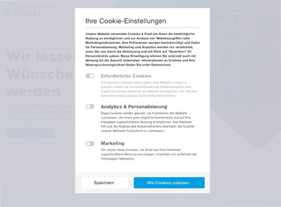 Popup-Fenster für Cookie-Einstellungen auf einer Webseite mit Auswahlmöglichkeiten für ‚Erforderliche Cookies‘, ‚Analyse & Personalisierung‘ sowie ‚Marketing‘ und Schaltflächen für ‚Speichern‘ und ‚Alle Cookies akzeptieren‘.