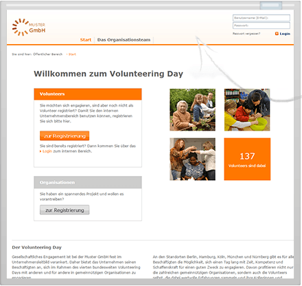 Webseite einer Organisation mit der Überschrift „Willkommen zum Volunteering Day“, einer Registrierungsoption und Bildern von Freiwilligen.