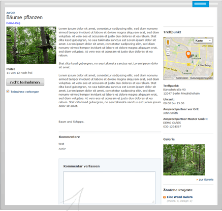 Detailansicht eines Projekts namens „Bäume pflanzen“ mit Informationen, Karte, Galerie und Kommentarbereich.