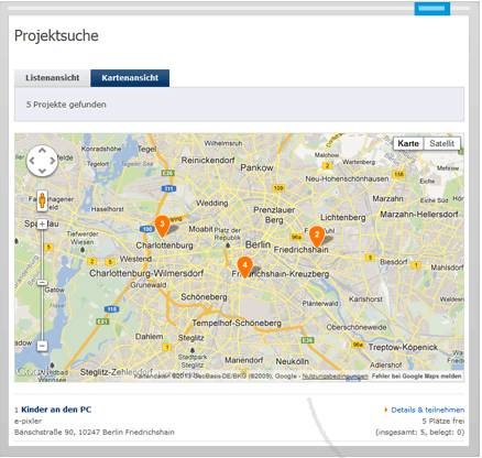 Kartenansicht einer Projektübersicht mit Markierungen für Freiwilligenprojekte in Berlin und Umgebung.